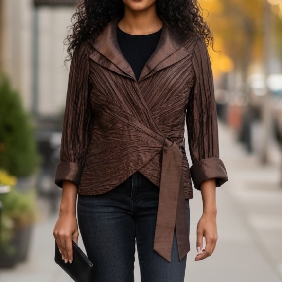 CACHET Vintage Copper Brown Satin Crop Crossover Wrap Jacket Top Lined Women’s 8 - Picture 2 of 11